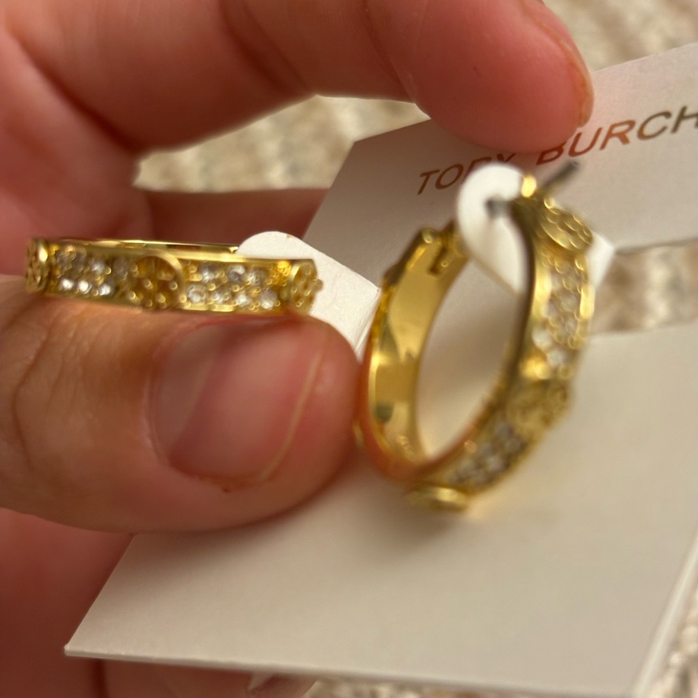 Tory Burch Gold Embellished Hoop Earrings - Picture 6 of 10